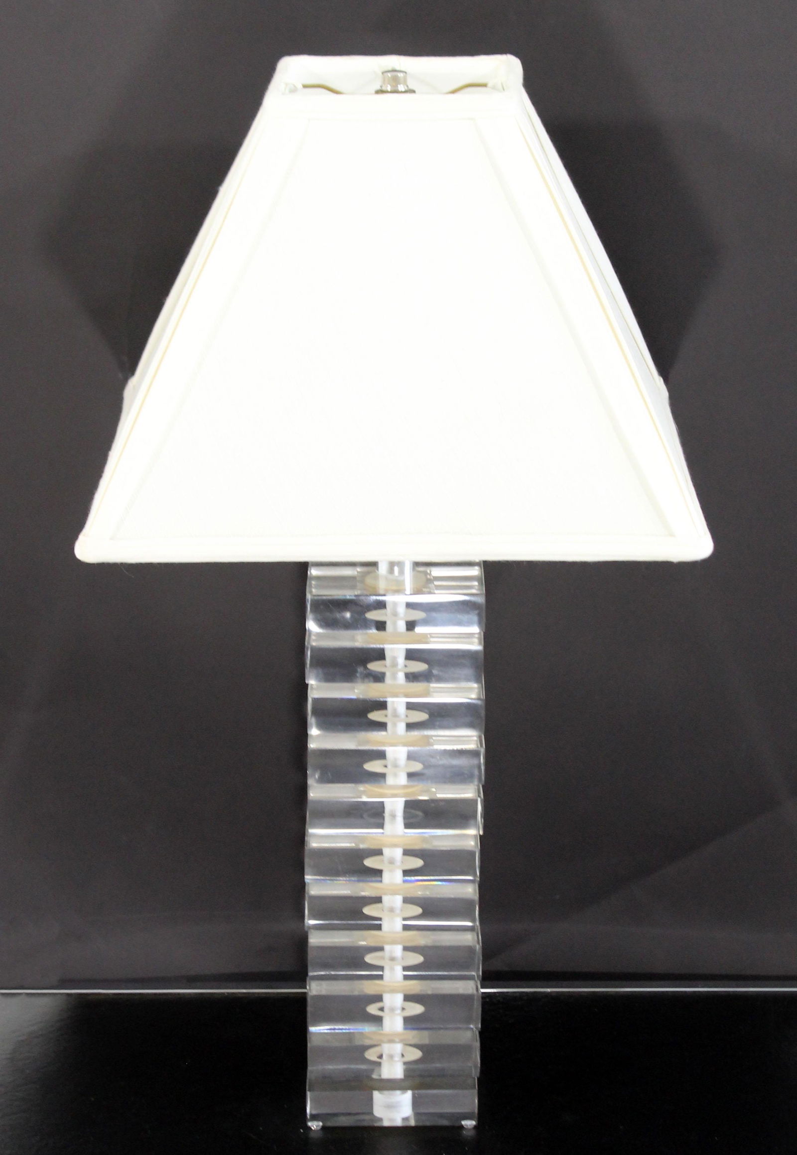 Modern Stacked Lucite Lamp Springer Hollis Jones Era: For your consideration is a marvelous table lamp, made of stacked lucite and chrome, with its original shade, in the style of Charles Hollis Jones or Karl Springer, circa the 1970s. In excellent condi