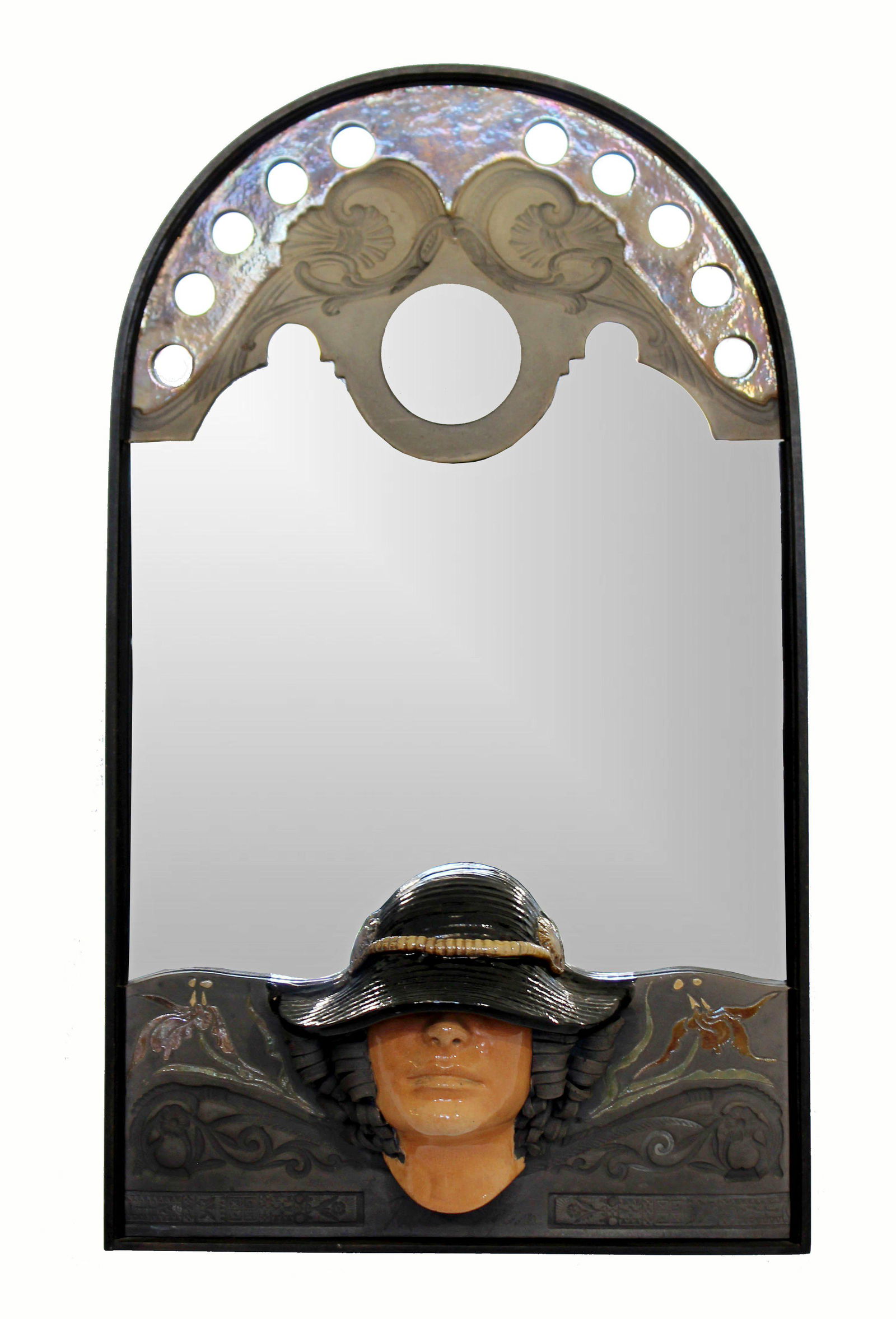 Modern Raku Ceramic Pottery Mirror Signed Marc Sijan: For your consideration is delightful, wall art mirror, with a raku woman's face under a hat, signed by Marc Sijan, circa the 1970s. In excellent condition, despite a couple of cracks in the pottery. T