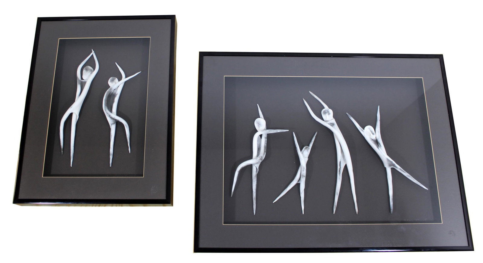 Contemp. Ellie Nicol Signed Pair Shadow Boxes Clay: For your consideration is a unique and whimsical pair of shadowboxes containing painted clay dancing figures, signed by Ellie Nicol. In excellent condition. The dimensions are 15"/26" W x 2.5" D x 20"
