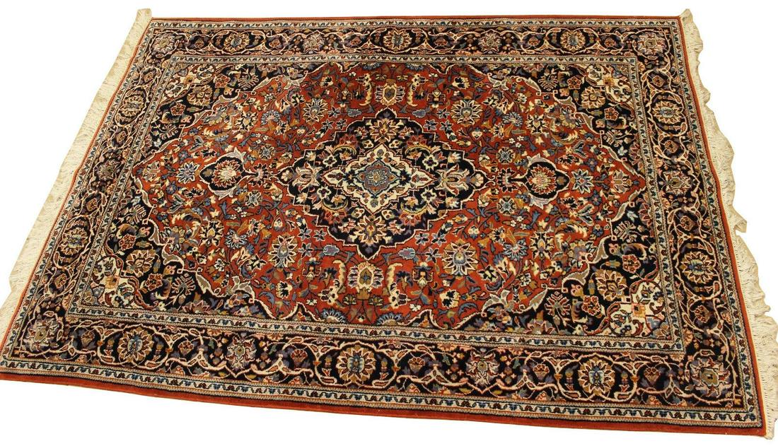 Modern Large Indo Keshan Hand Knotted Rug Carpet Red: For your consideration is a beautiful, large, rectangular, Indo-Keshan, hand-knotted, wool rug, with a traditional red and blue pattern. In very good vintage condition. The dimensions are 95" L x 67" 