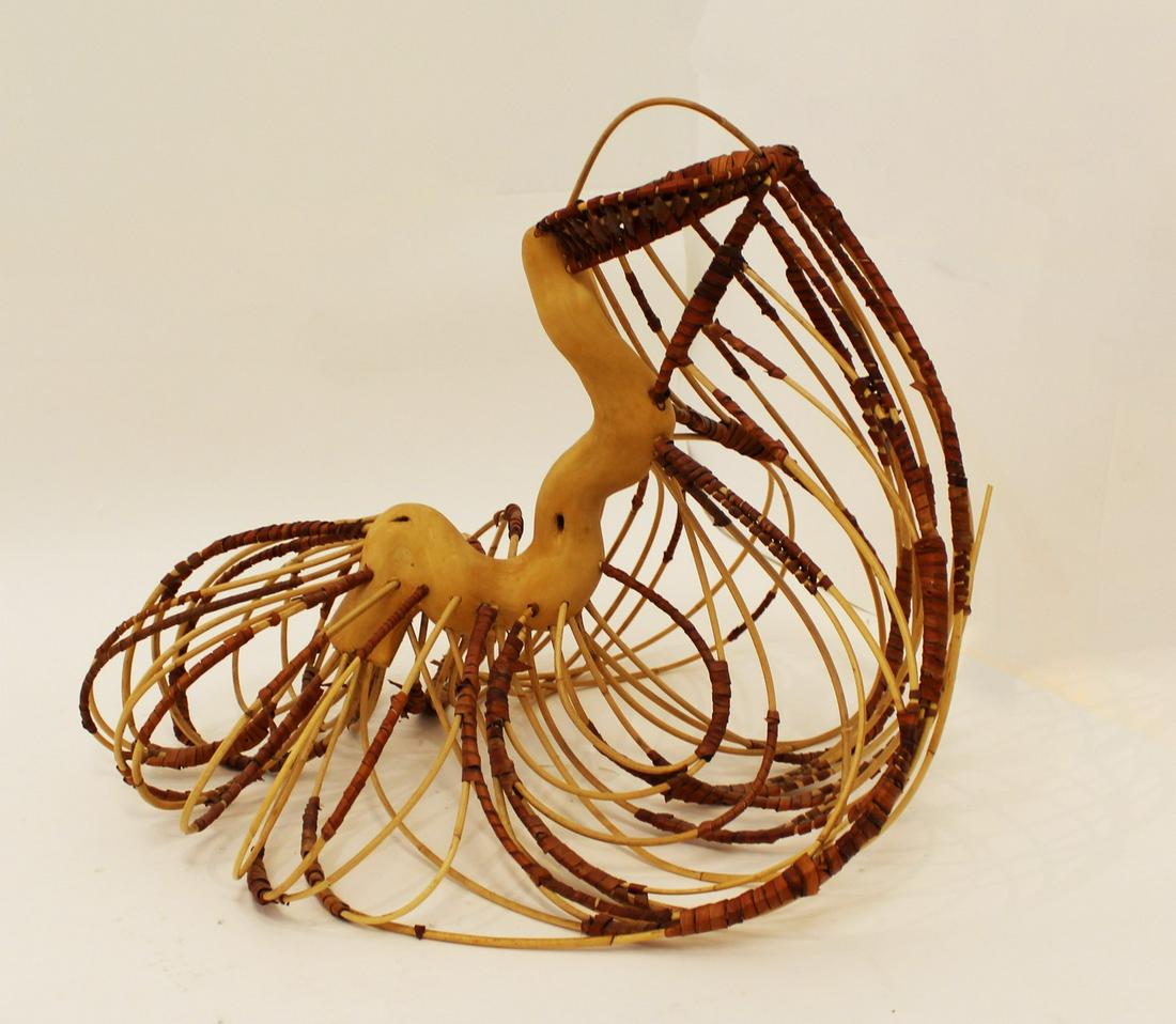 Rattan Table Sculpture Signed Kathleen Bordo Crombie: For your consideration is a rattan basket sculpture entitled "Bravo II" by the nationally recognized artist Kathleen Bordo Crombie. Signed and dated 1991. Two pieces are broken off, but are easily fix