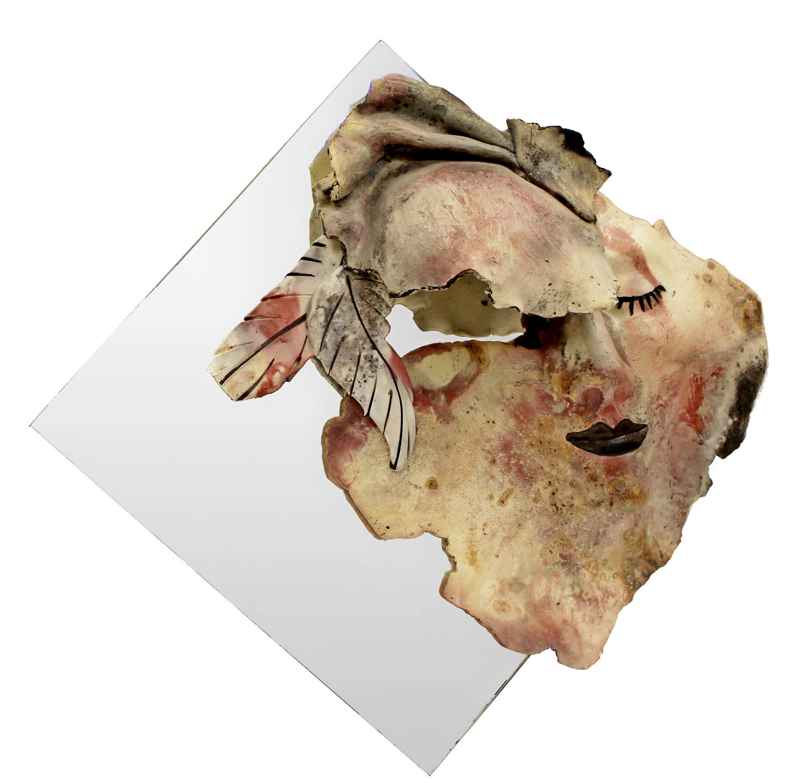 Contemporary Modern Ceramic Mask Wall Art Mirror '80s: For your consideration is a magnificent, square wall mirror, with ceramic mask art, circa the 1980s 1990s. In excellent condition. The dimensions are 20" Sq x 4" D.
