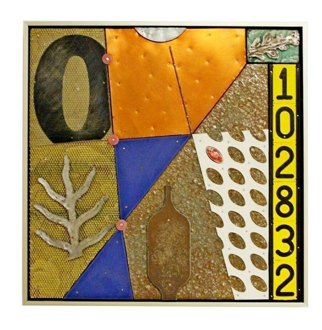 Brad Devlin Signed Mixed Media Metals Intersection: For your consideration is a fantastic, original, mixed media metal collage by Brad Devlin, entitled "Intersection," circa 2003. Signed and dated. The dimensions are 25" Sq x 2.5"