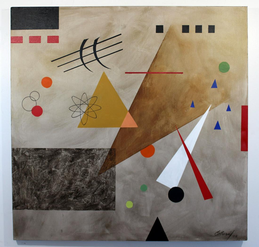 Acrylic on Canvas Painting By B. Coburn Kadinsky Style: For your consideration is an atomic, acrylic painting on canvas, signed and dated by Barbara Coburn, 2005. In excellent condition. The dimensions are 36" (3) Sq x 1.5" D.