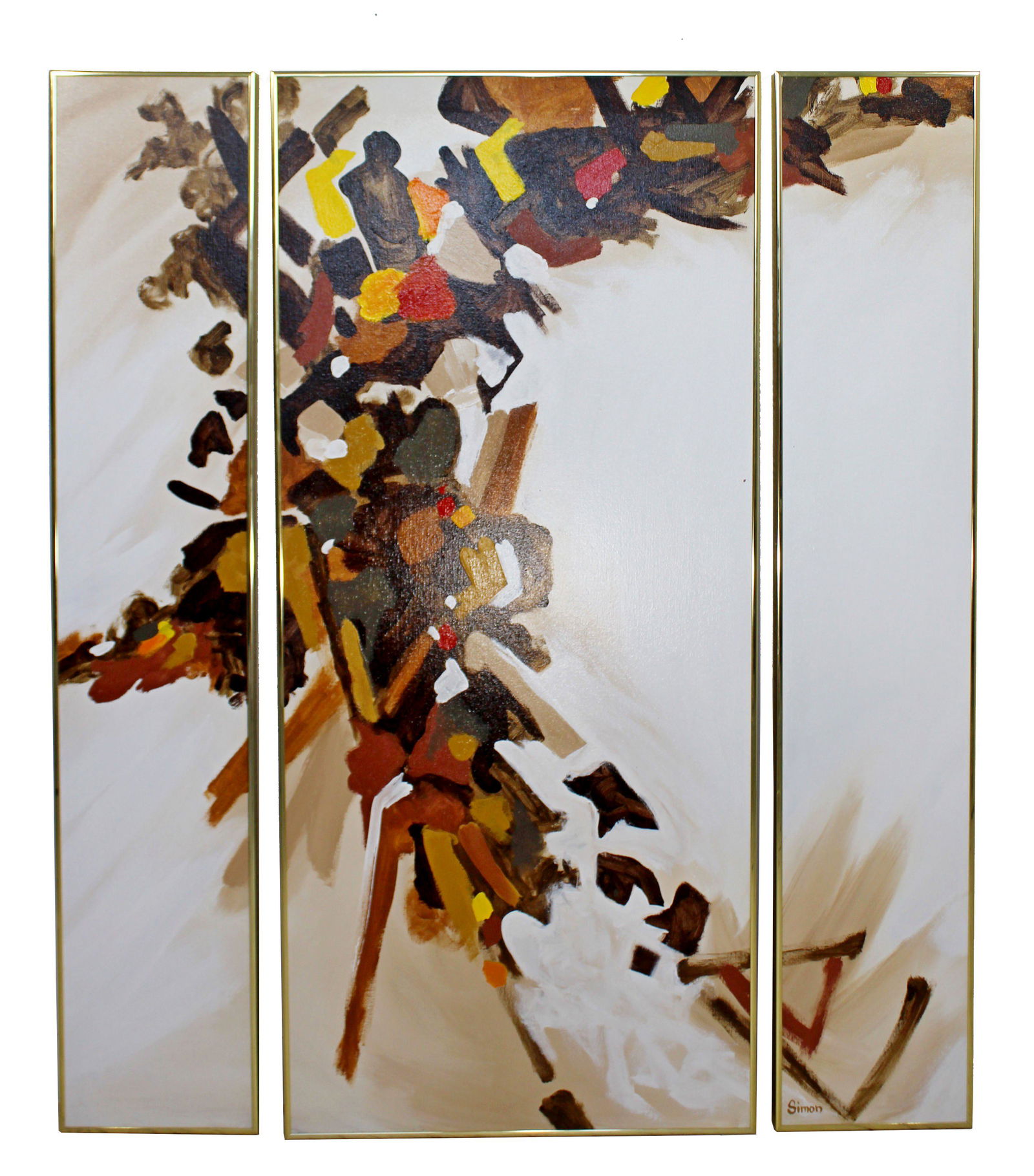 Modern Abstract Triptych Painting Signed Simon Brown: For your consideration is an understated triptych, three piece painting, framed in brass and signed Simon, circa the 1960s. The warm colors displayed in this stunning set are reminiscent of an autumn