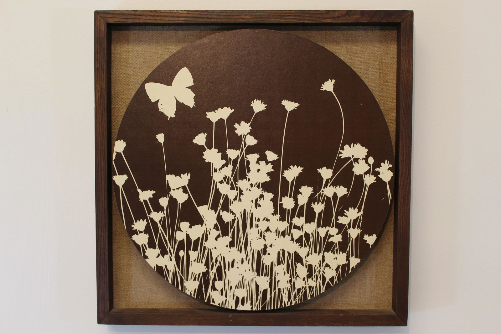 Modern Greg Copeland Stamped Art Flowers Butterflies: For your consideration is a beautiful piece of hanging art by Greg Copeland of flowers and a butterfly, circa 1972. In excellent condition. The dimensions are 16.25" W x 2" D x 16" H.