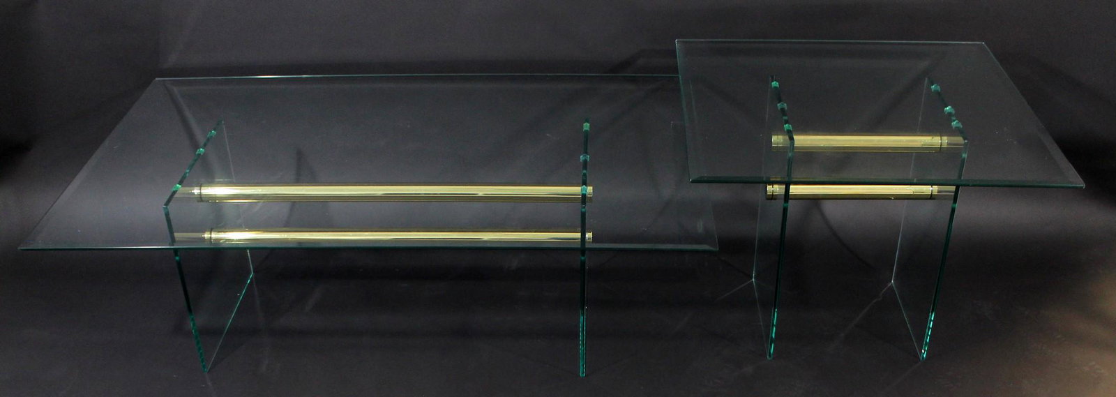 Modern Pace Pair Tables Set Coffee Side Glass & Brass: For your consideration is an incredible pair of tables, one coffee and one side end, made of glass and brass, attributed to Pace, circa the 1970s. In great vintage condition, with some chipping on the