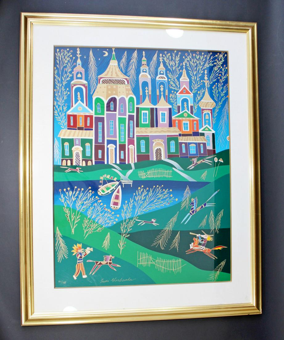Modern Framed Signed Orig. Lithograph Yuri Gorbachev: For your consideration is a stunningly whimsical lithograph, entitled, "Russian Castle," signed and numbered by Yuri Gorbachev, 51/198. In excellent condition. The dimensions are 40.5" W x 51.5" H.
