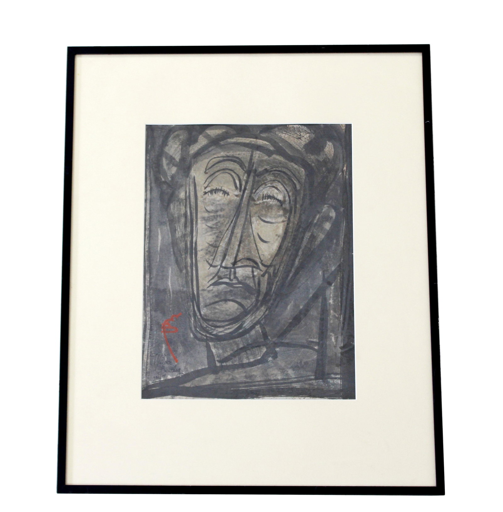Modern Monotype Signed Dated Wilder Bentley 1940s War: For your consideration is a framed monotype, entitled "Mask of Predestination," from the "War Masks Series," signed and dated by Wilder Bentley, 1947. In excellent condition. The dimensions are 18" W 