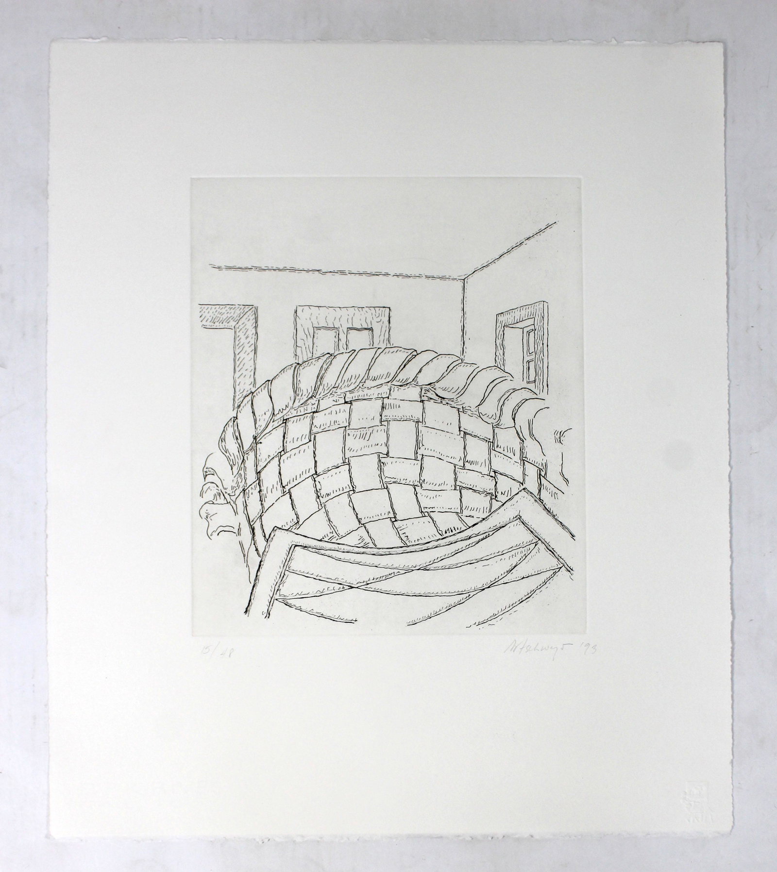 Contemp Unframed Print Signed Richard Artschwager 15/48: For your consideration is an unframed print, signed, Artschwager numbered 15/48 and dated 1993. In excellent condition. For the series, "Notes on a Room" The dimensions are 19" W x 22" H. American pai