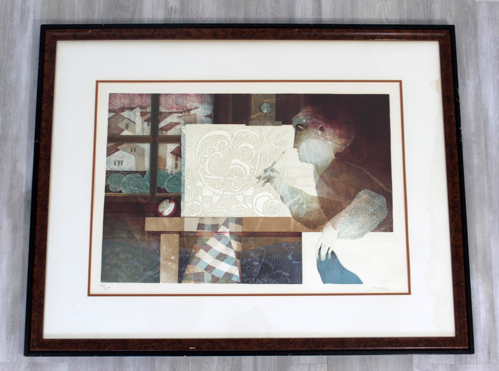 Alvar Sunol Framed Embossed Lithograph Le Chevalet: For your consideration is an incredible, framed lithograph of Alvar Sunol's "Le Chevalet," signed and numbered 47/275. In very good vintage condition. The dimensions are 39" W x 30.5" H.