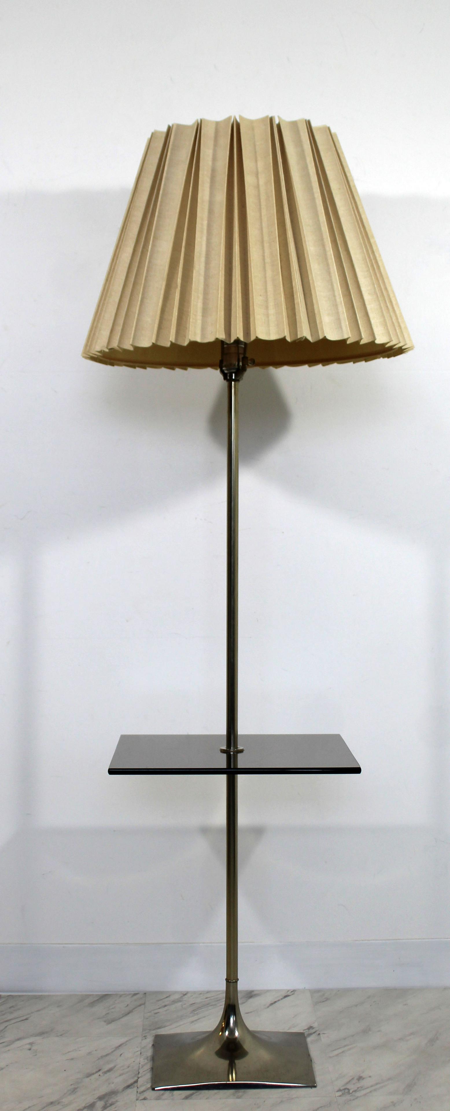 Laurel Chrome Smoked Glass Lamp Table Orig. Shade: For your consideration is a fantastic, chrome floor lamp, with a smoked glass table attached, by the Laurel Lamp Co. In excellent condition. The dimensions of the lamp are 20" Dia x 59" H and the dime