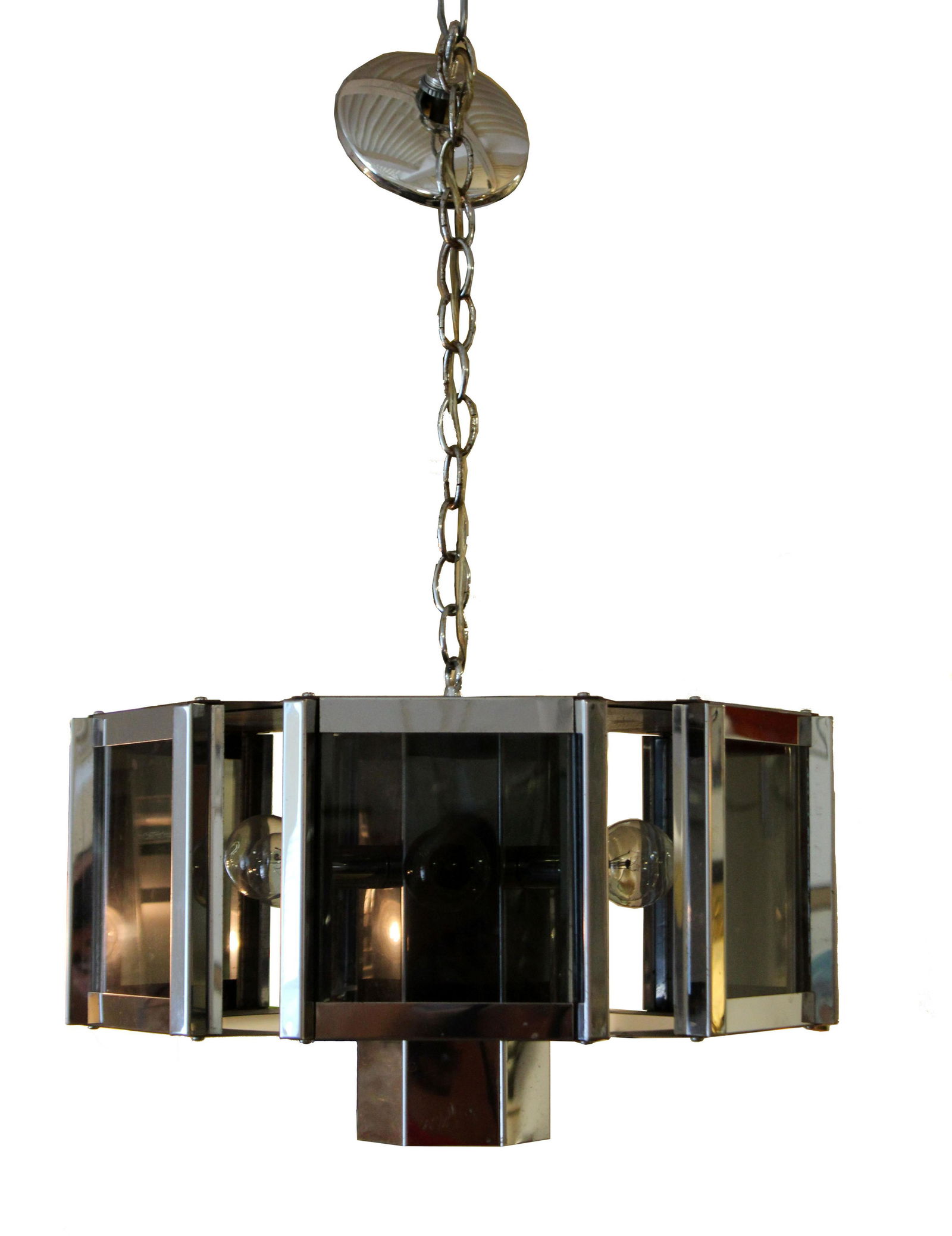 Sonneman Chrome & Smoked Glass Chandelier Light Fixture: For your consideration is a marvelous, chrome and smoked glass chandelier, by Robert Sonneman. In excellent condition. The dimensions are 18.5" Dia x 24" (2') H.