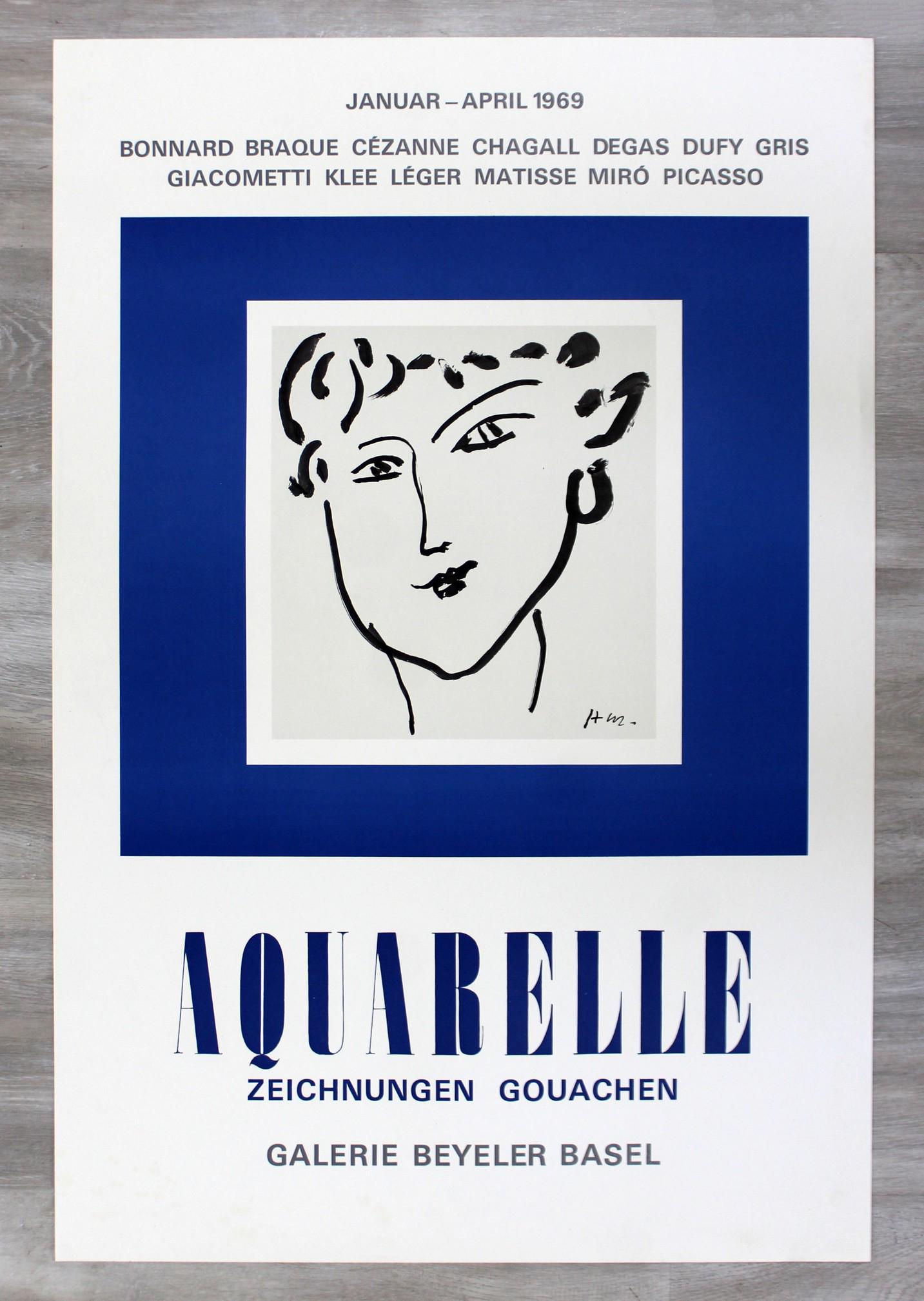 Modern Picasso Aquarelle Poster Galerie Beyeler Basel: For your consideration is an unframed, vintage Picasso Aquarelle poster for Galerie Beyeler Basel, 1969.