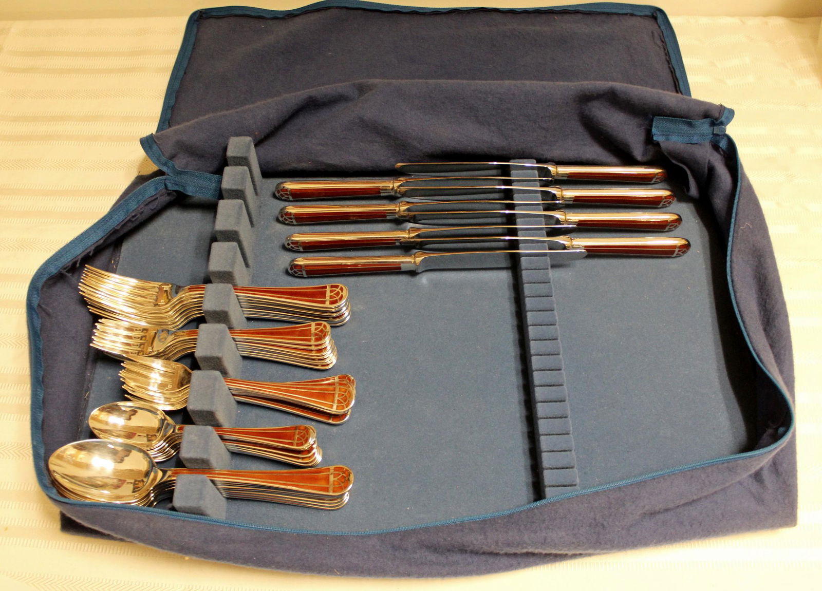 Christofle France Silver Inlaid Talisman Flatware 48 pc: For your consideration is a magnificent set of inlaid flatware,6 pc setting, service for 8, by Christofle, made in France, circa the 1910s. In excellent condition. The knives are 9" L.