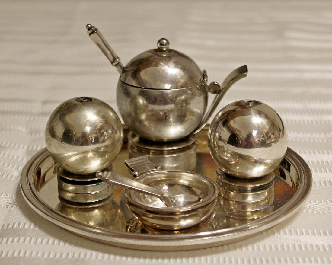 Art Deco Georg Jensen Sterling Pyramid Condiment set: For your consideration is a marvelous, sterling silver, Georg Jensen Pyramid #632B Condiment set. Set includes tray mustard pot ,with salt and pepper shakers and salt celler set, circa the 1940s, made