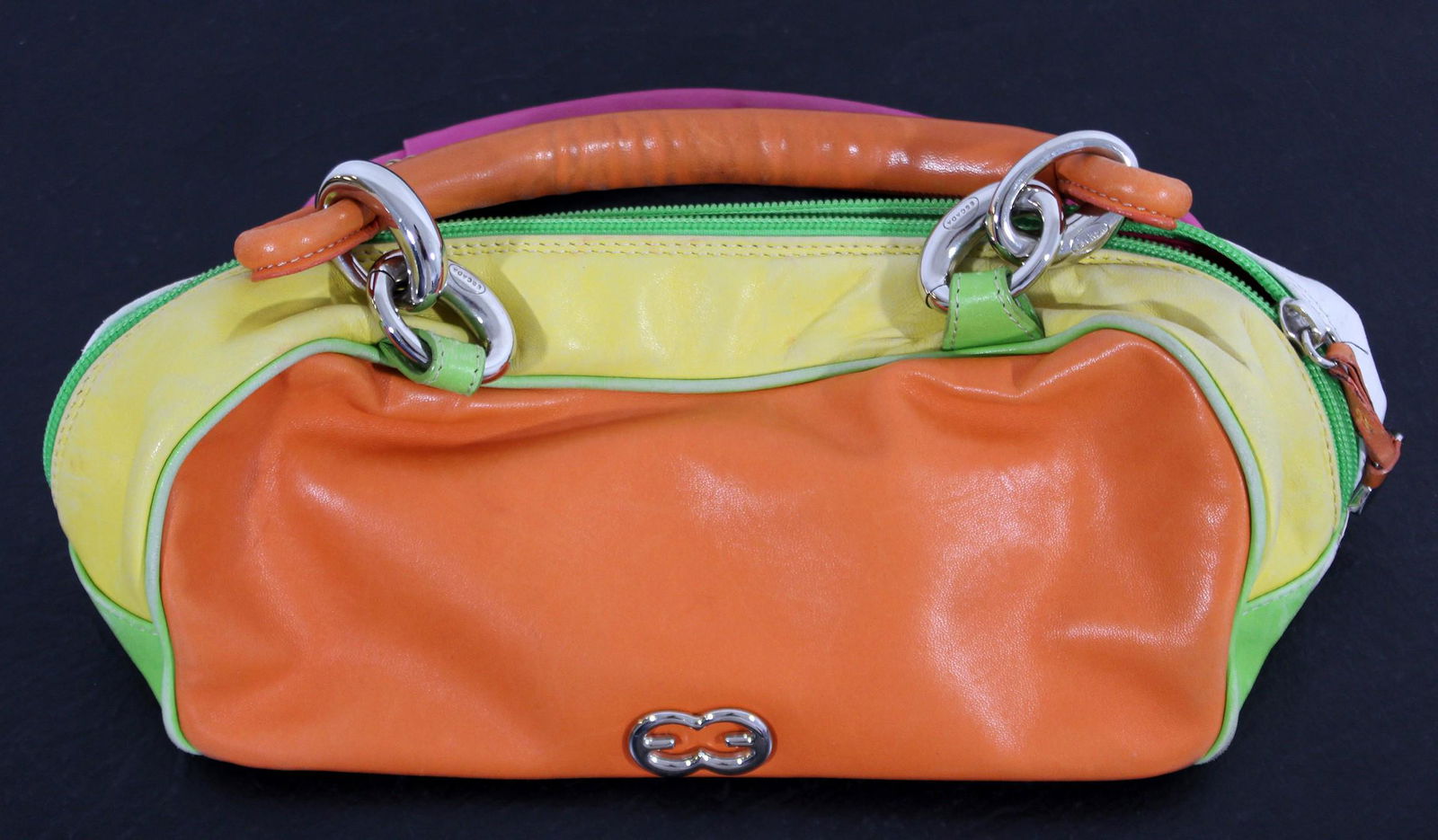 Escada Mid Size Neon Leather Purse: For your consideration is this blast-from-the-past, Neon leather Escada purse. 12" W X 4" H.