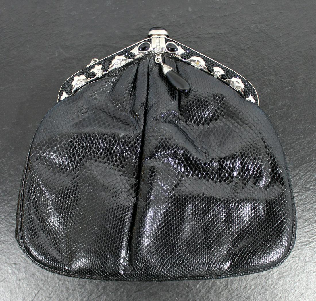 Judith Lieber Black Snakeskin Purse: For your consideration is a fantastic, original Judith Lieber Purse, with a black snakeskin extior, and a comb. In excellent vintage condition. The dimensions are 8.5" W x 8" H.