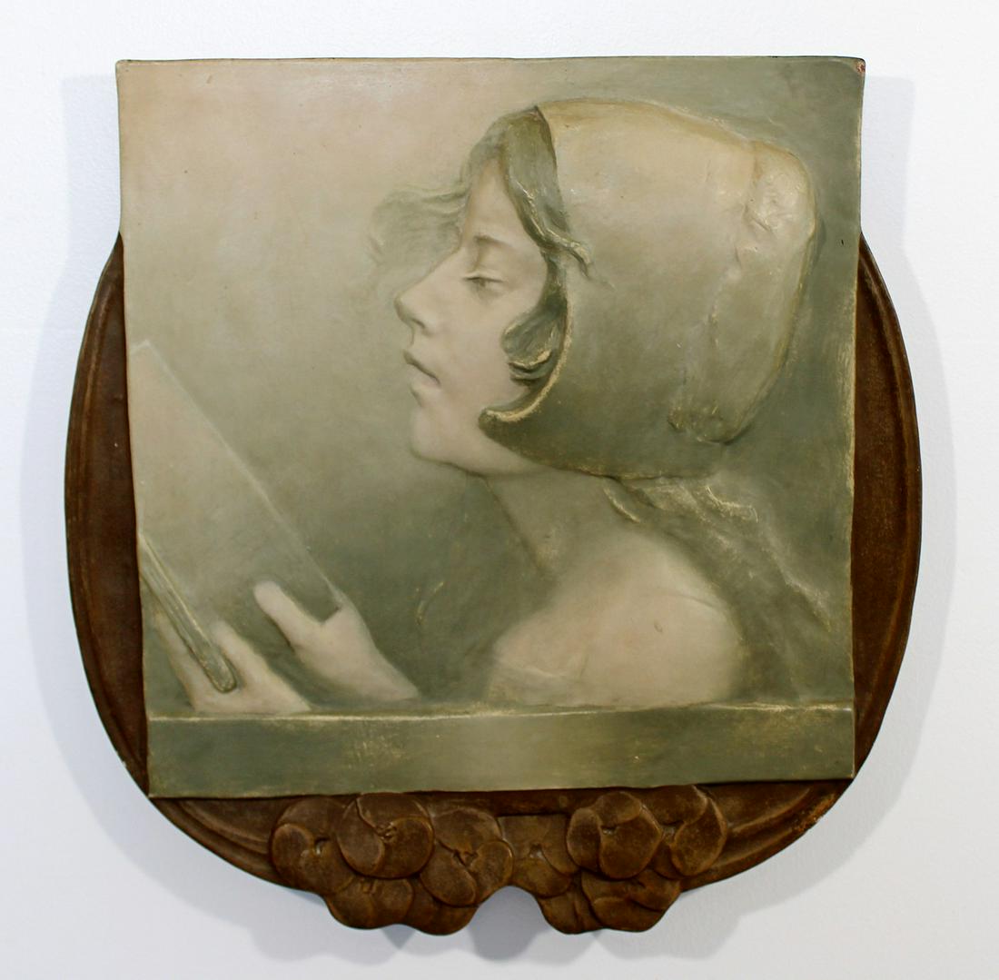 Ernst Wahliss Metal Relief Plate Austria Profile: For your consideration is a whistful, Ernst Wahliss hanging wall relief metal sculpture, and is numbered 337. In excellent antique condition. The dimensions are 17.5" Sq x 1.5" D.