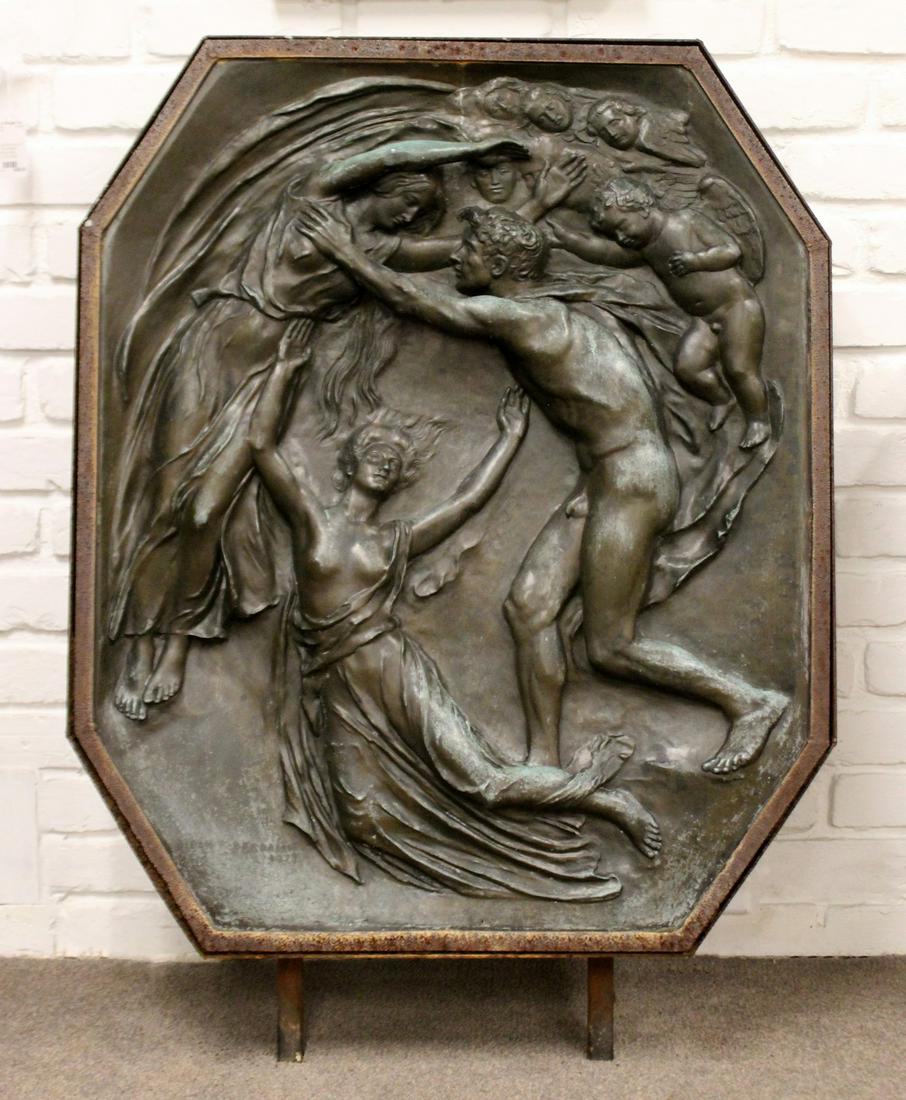Bronze Wall Sculpture Man & Spirit Signed Henry Pegram: For your consideration is a breathtaking, bronze wall relief of a man and spirit, signed by Henry Pegram, dated 1923. In excellent condition. The dimensions are 30" W x 4.5" D x 41.5" H.