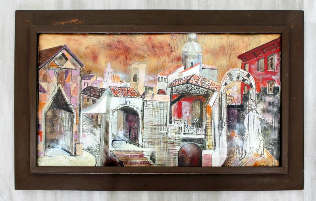 Wood Framed Enamel Art Signed Richard Loving 1960: For your consideration is a phenomenal, wood framed enamel art piece, signed by Richard Loving and dated 1960. In excellent condition. The dimensions are 44" W x 2.5" D x 27.5" H.