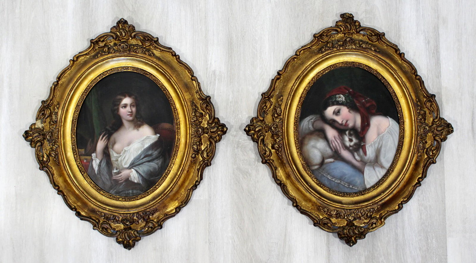 Pair Wood Oil Portraits Girls by Constant-Joseph: For your consideration is a pair of petite portraits, that are done in oil, by Constant Joseph Brochart (French 1816-1899). In excellent condition. The dimensions of each are 13" W x 15" H.