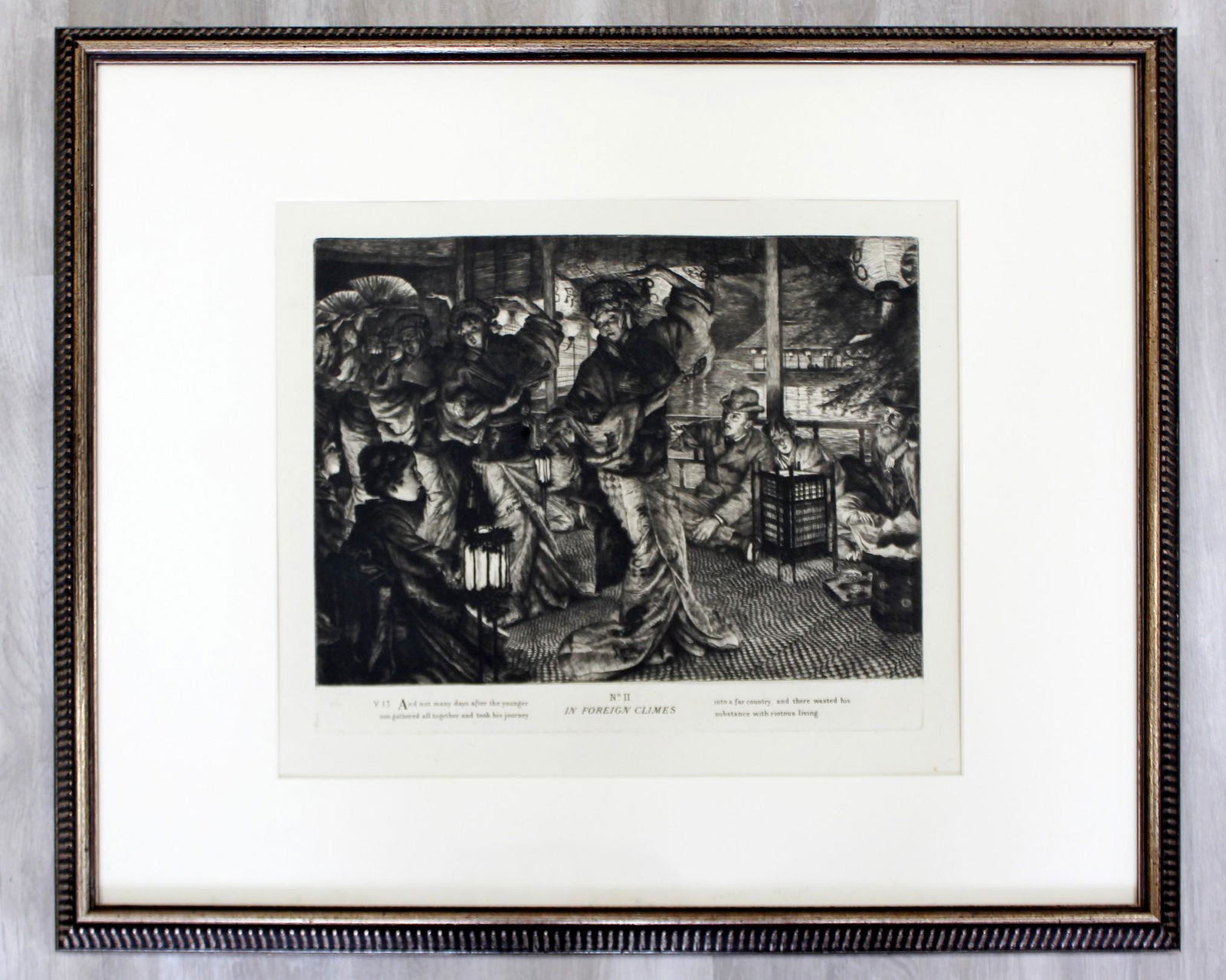 James Tissot In Foreign Climes 1881 Signed Framed: For your consideration this etching on laid paper by James Tissot, (1882) titled "In Foreign Climes" from the "Prodigal Son" series. In excellent antique condition. The dimensions are 27.5" W x 23.5"