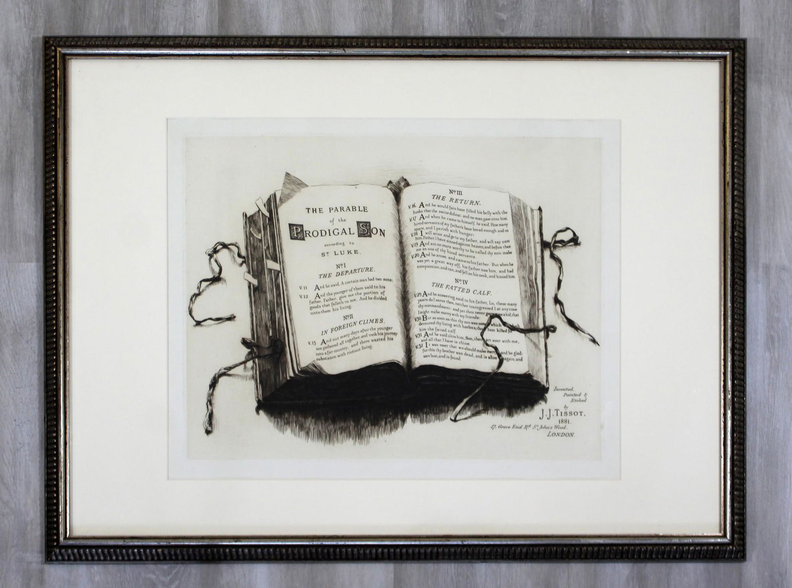 James Tissot Parable of Prodigal Son Framed Etching: For your consideration is a framed and signed etching of James Tissot's "Prodigal Son" 1881. In excellent antique condition. The dimensions are 30" W x 23" H.