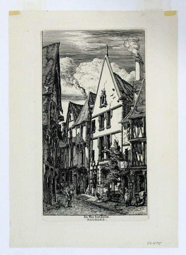 Original Charles Meryon Rue de Toile Bourges Etching: For your consideration is an etching, entitled "Rue de Toile, Bourges (1850)," by Charles Meryon. Initialed in plate, printed in black and white, on woven paper. In excellent condition.
