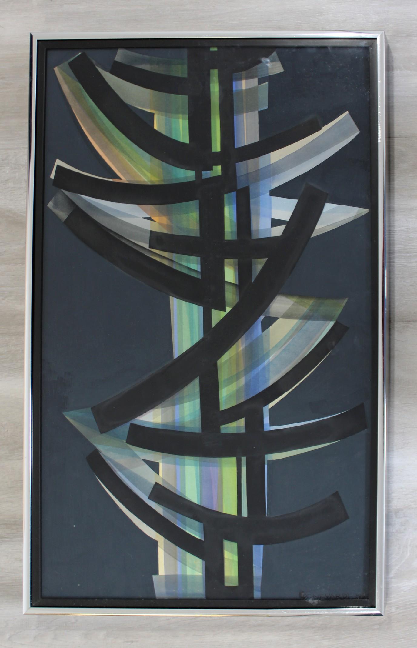 Framed Marcello Bonevard Signed Composition Blue: For your consideration is an understated, framed, Marcello Bonevard signed composition, in blue original gouache, circa 1958. In excellent vintage condition. The dimensions are 14.5" W x 25" H.