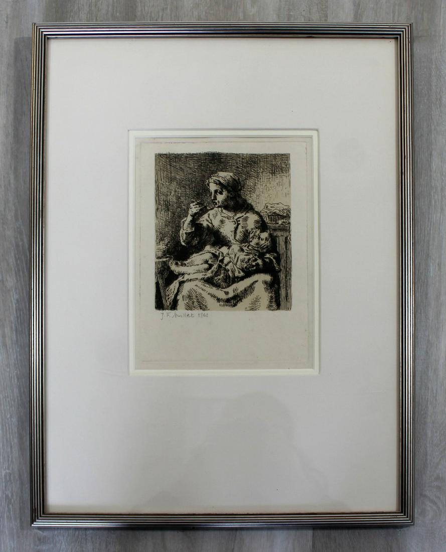 Framed Jean Francois Millet Signed 1861 La Bouille: For your consideration is this etching by James Francois Millet, signed in plate. In excellent antique condition. The dimensions are 14.5" W x 19.5" H.