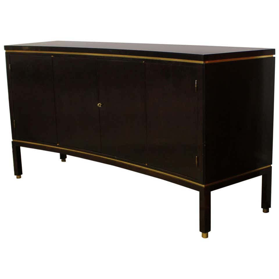 Wormley For Dunbar Curved Mahogany Brass Credenza: For your consideration is a rare and fantastic, curved front credenza, made of mahogany wood with brass accents, with three shelves and a compartmentalized drawer for silverware, by Edward Wormley for