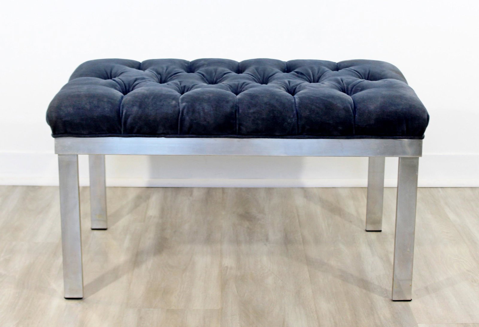 Harvey Probber Tufted Velvet Chrome Bench Ottoman Seat: For your consideration are a gorgeous, Harvey Probber ottoman or bench seat, with tufted blue velvet on a chrome base, circa the 1970s. In very good vintage condition with some spots on the fabric.The