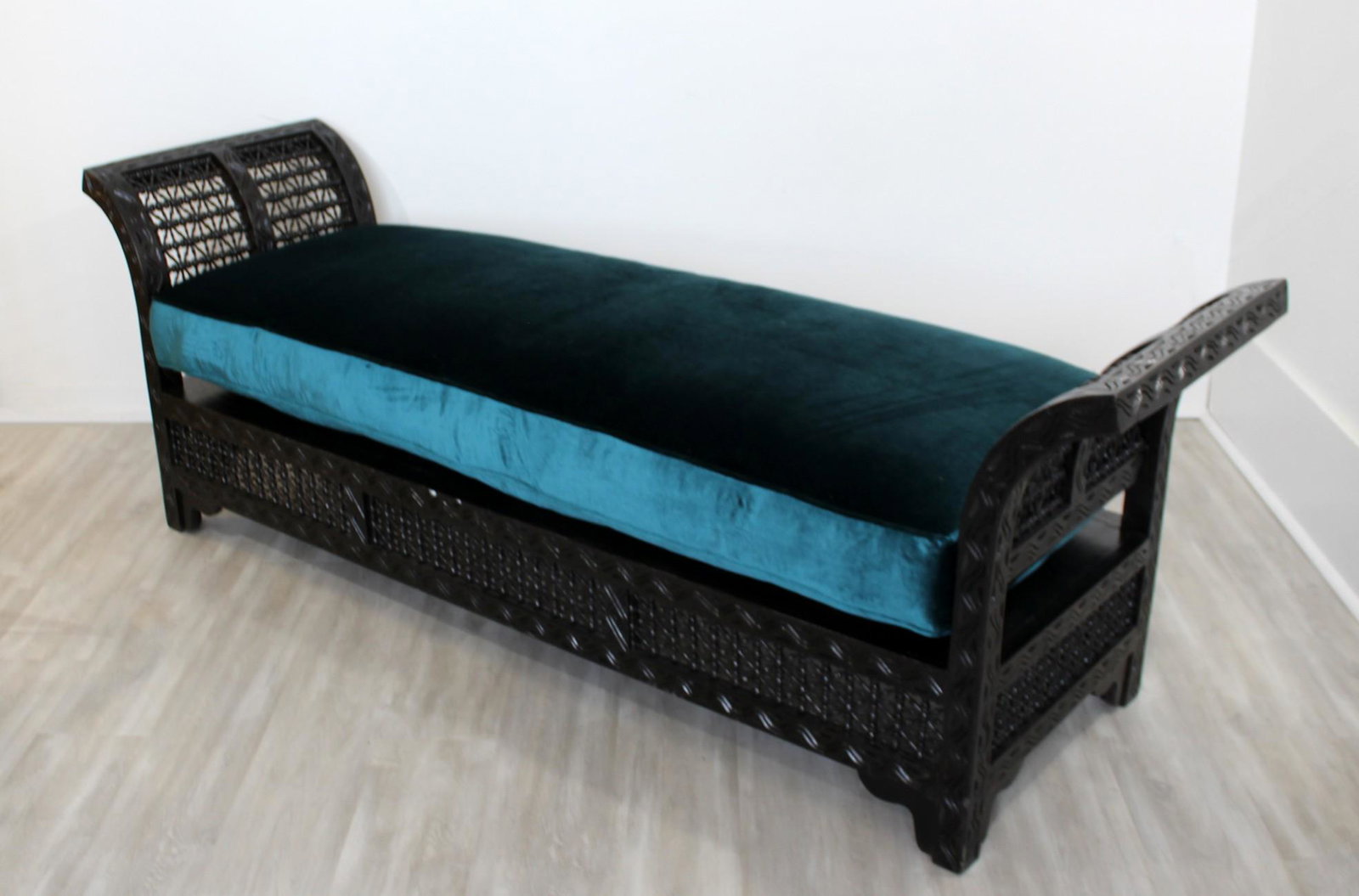 Asian Morrocan Style Curved Carved Wood Chaise Blue: For your consideration is a gorgeous, Asian style chaise, made of curved wood and with a blue velvet seat cushion. In excellent condition. The dimensions are 85" L x 24" D x 29.5" B.H. x 22" S.H.