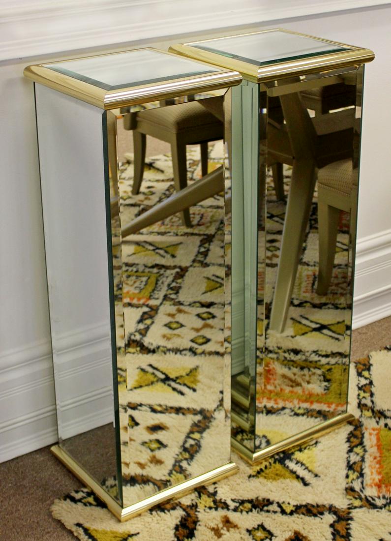 Pair of Contemporary Mirrored Chrome & Brass Pedestals: For your consideration is a pair of contemporary hollywood regency styles mirrored pedestals with brass and chrome accents. This pair of pedestals are in excellent condition, and measure 12" Sq x 35.5