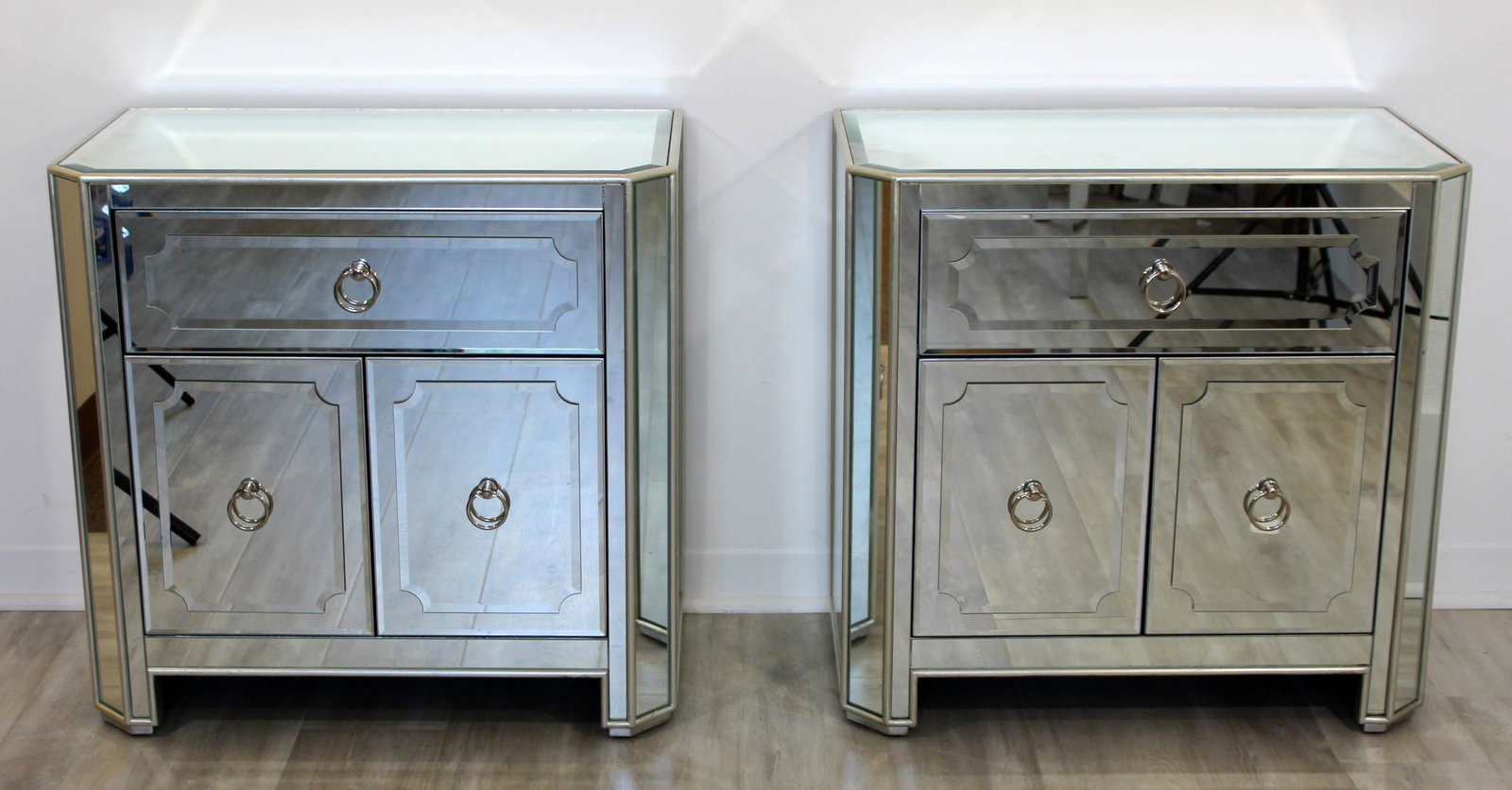 Pair of Mirrored Hollywood Regency Style Nightstands: For your consideration is a pair of Hollywood Regency style contemporary mirrored nightstands measuring 30" W x 17" D x 29" H.