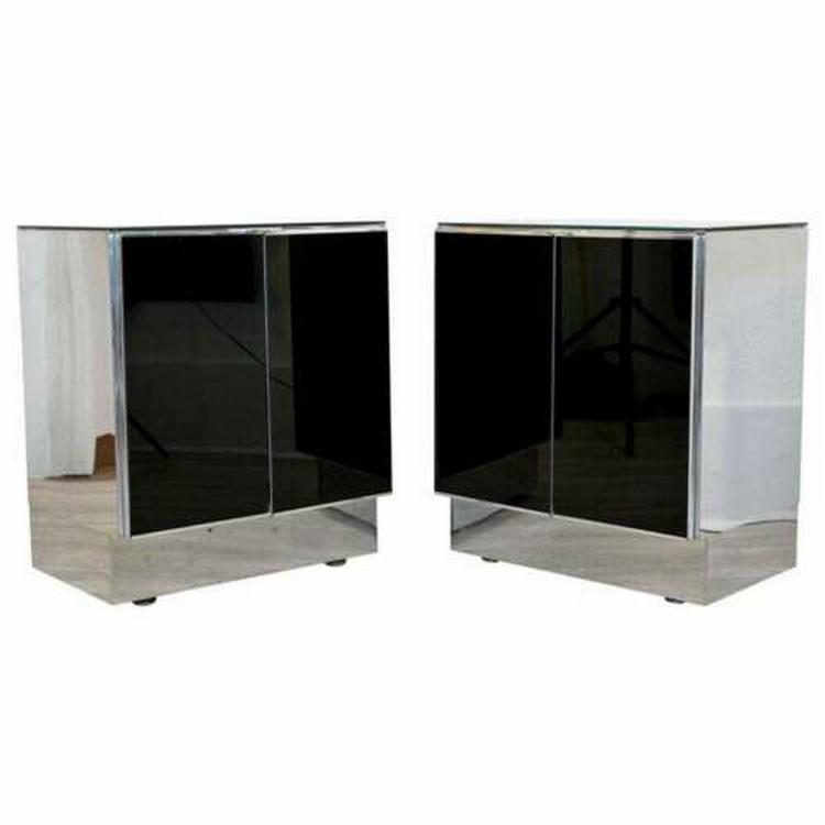 Contemporary Modern Pair of Mirrored Nightstands Ello: For your consideration is a great pair of mirrored nightstands or side tables, by Ello, circa the 1980s. In very good vintage condition. The dimensions are 24.5" W x 18" D x 28.5" H.