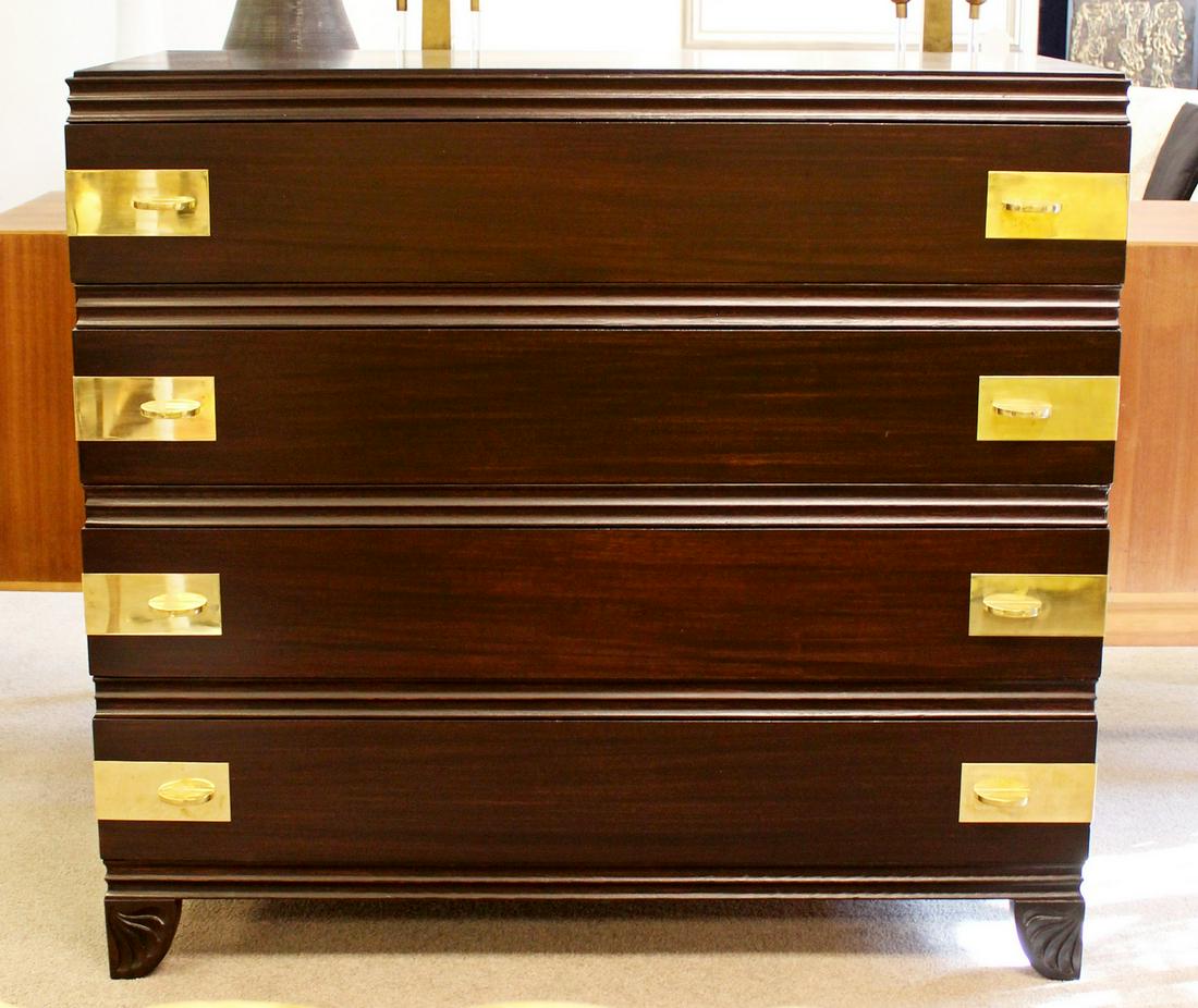 Art Deco Restored Widdicomb 1938 Ebonized Mahogany: For your consideration is an incredible, ebonized mahogany, four drawer chest dresser, with brass pulls, by John Widdicomb, circa 1938. In excellent condition, newly restored. The dimensions are 43.5 