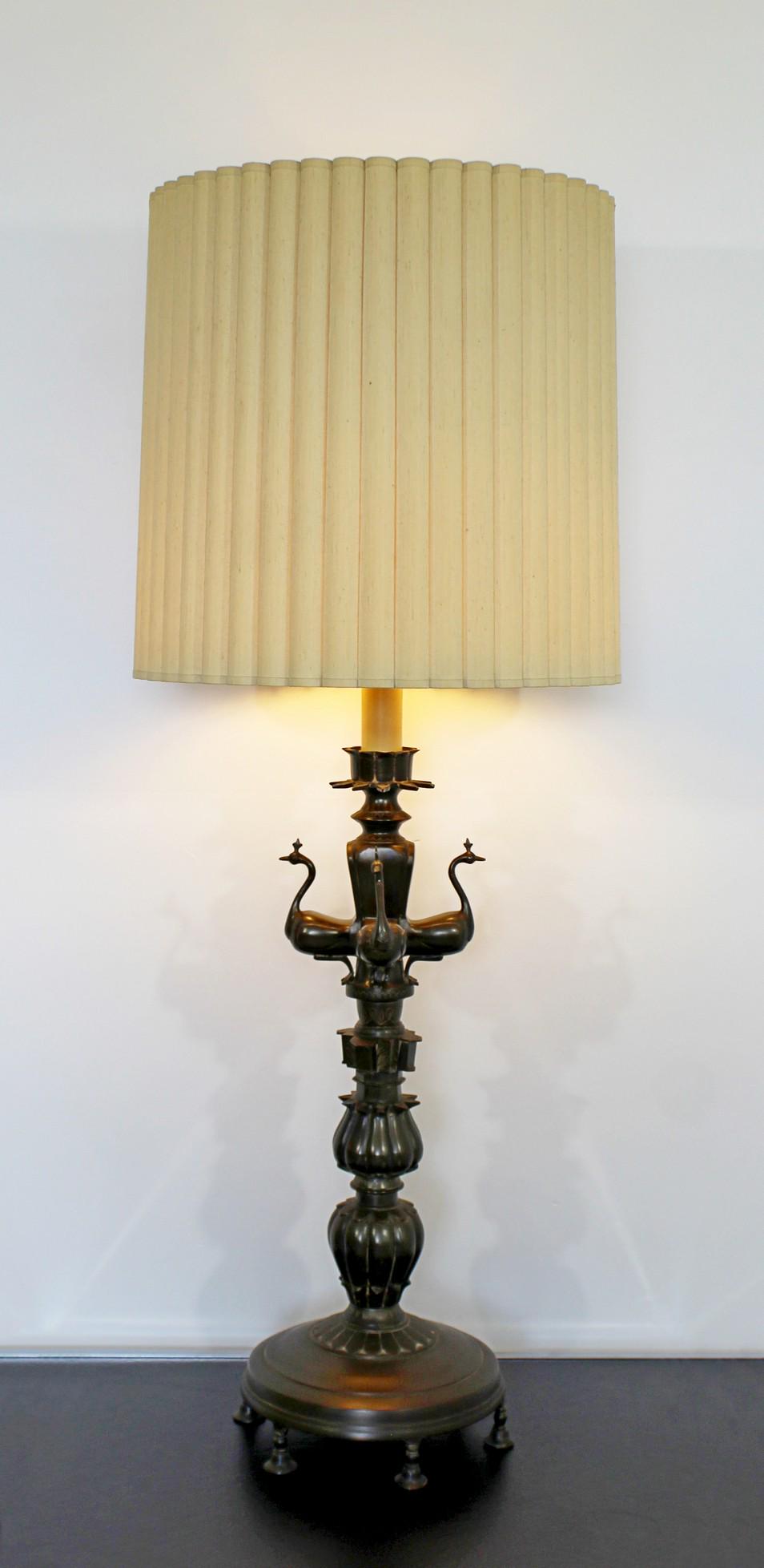 Marbro Bronze Peacock Table Lamp 1950s Orig Shade: For your consideration is an outstanding, bronze table lamp, with a peacock motif, original shade and finial, from Marbro, circa the 1950s. In excellent vintage condition. The dimensions of the lamp a
