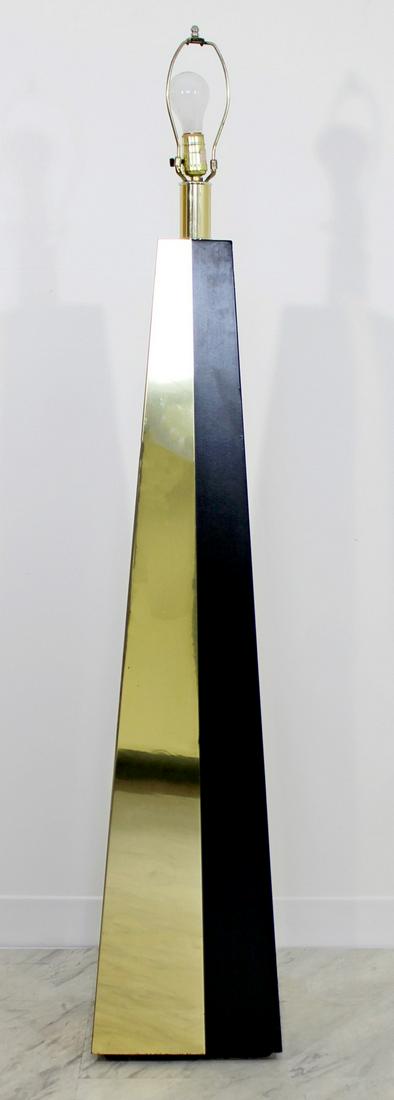 Brass & Black Lacquer Triangle Floor Lamp Springer Era: For your consideration is a stunning, brass and black painted wood paneled floor lamp, circa the 1980s. In good vintage condition with some scratches in the brass. The dimensions are 11" Sq x 58.5" H.