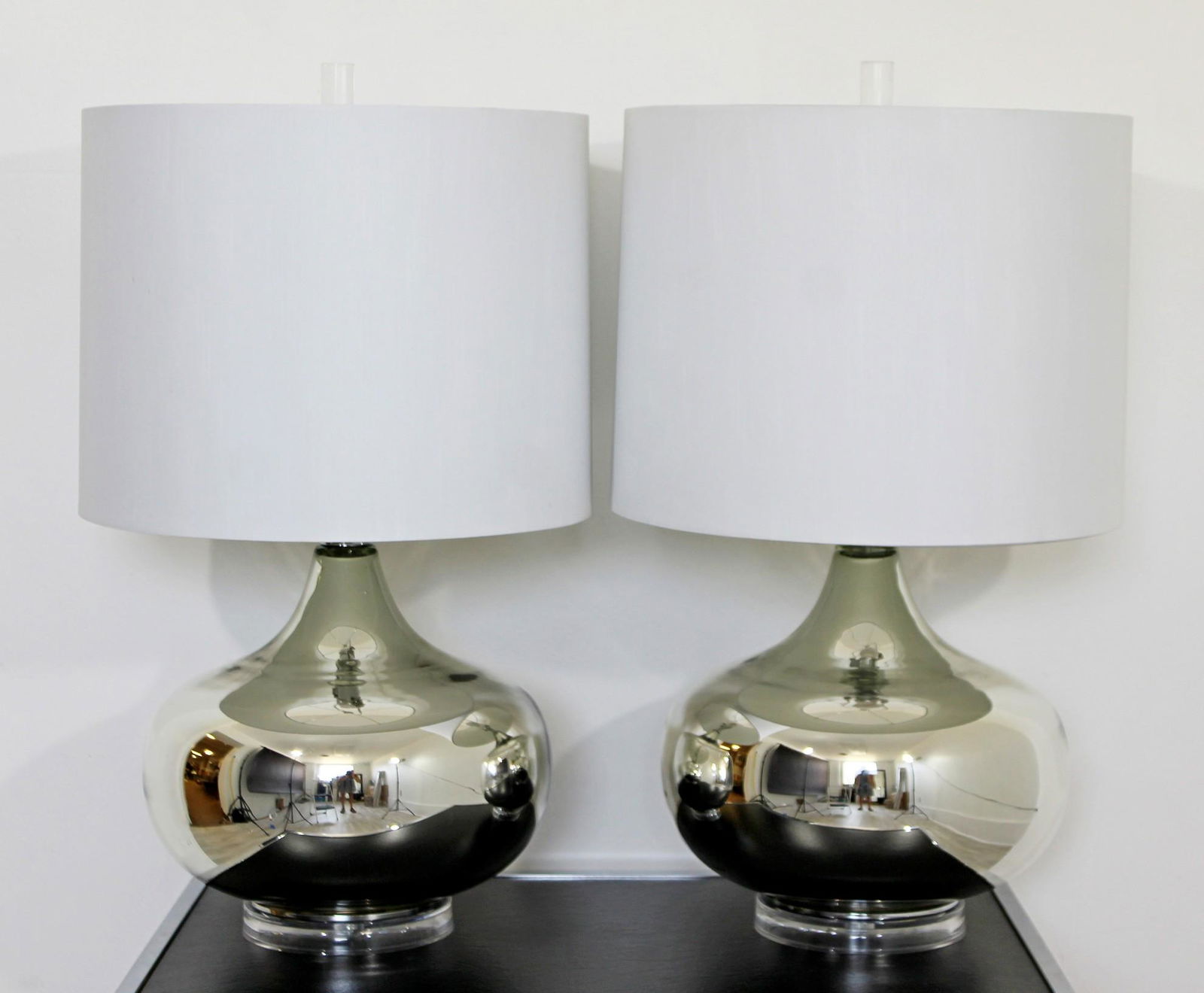 Pair of Silver Refelctive Lamps: For your consideration is a lovely pair of short, reflective table lamps by Z Gallery. In excellent condition. The dimensions are 15" Dia x 27" H.