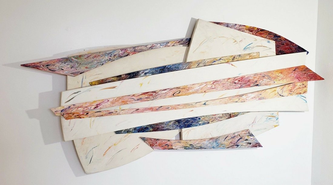 3-D Multi Colored Canvas Art By Nancy Thayer: For your consideration is a fantastically unique, large 3-6 wall sculpture, by Nancy Thayer. 96" W x 43" H.The work of Nancy Thayer is included in numerous museum collections including the Detroit Ins