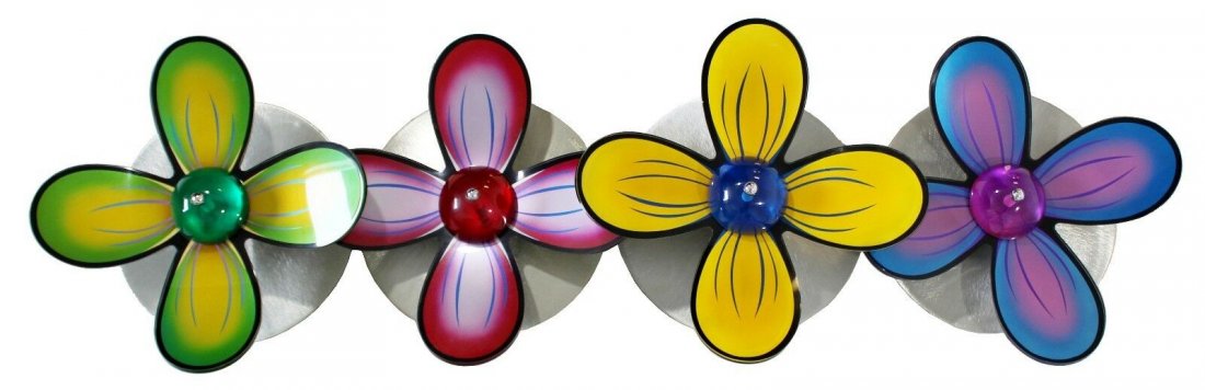 Metal Colored Lucite Flower Wall Sculpture by Haziza: For your consideration is an absolutely beautiful, floral wall sculpture, made of polished metal and colored lucite, signed by Shlomi Haziza. In excellent condition. The dimensions are 62" W x 9" D x 