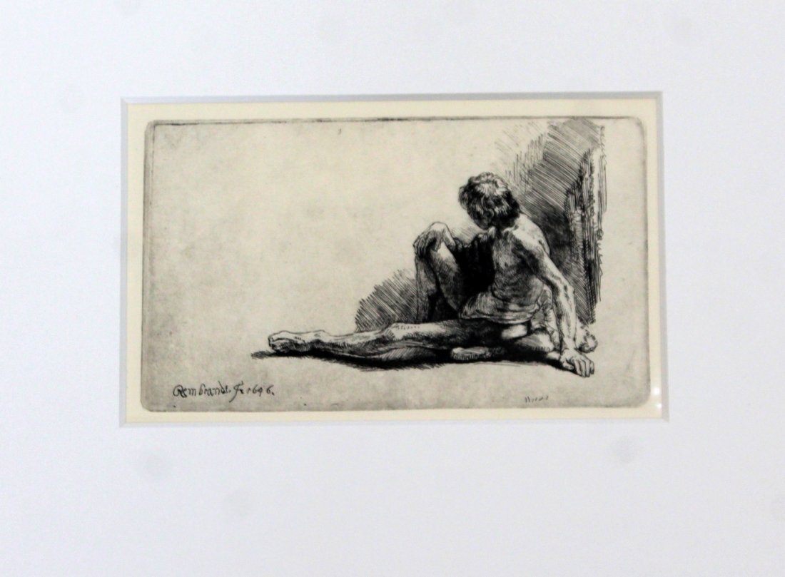 Unframed Rembrandt Hand Printed Etching Seated Male: For your consideration is an unframed, hand printed etching by Rembrandt, of a reclining male nude. In excellent condition. The dimensions are 6.5" W x 4" H.