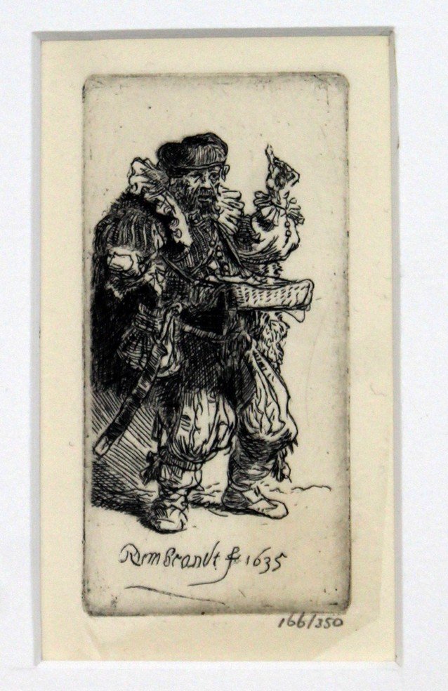 Unframed REmbrandt Restrike Quacksalver: For your consideration is an unframed Rembrandt restrike, The Quacksalver. In excellent condition. The dimensions are 1.5" W x 3.25" H.