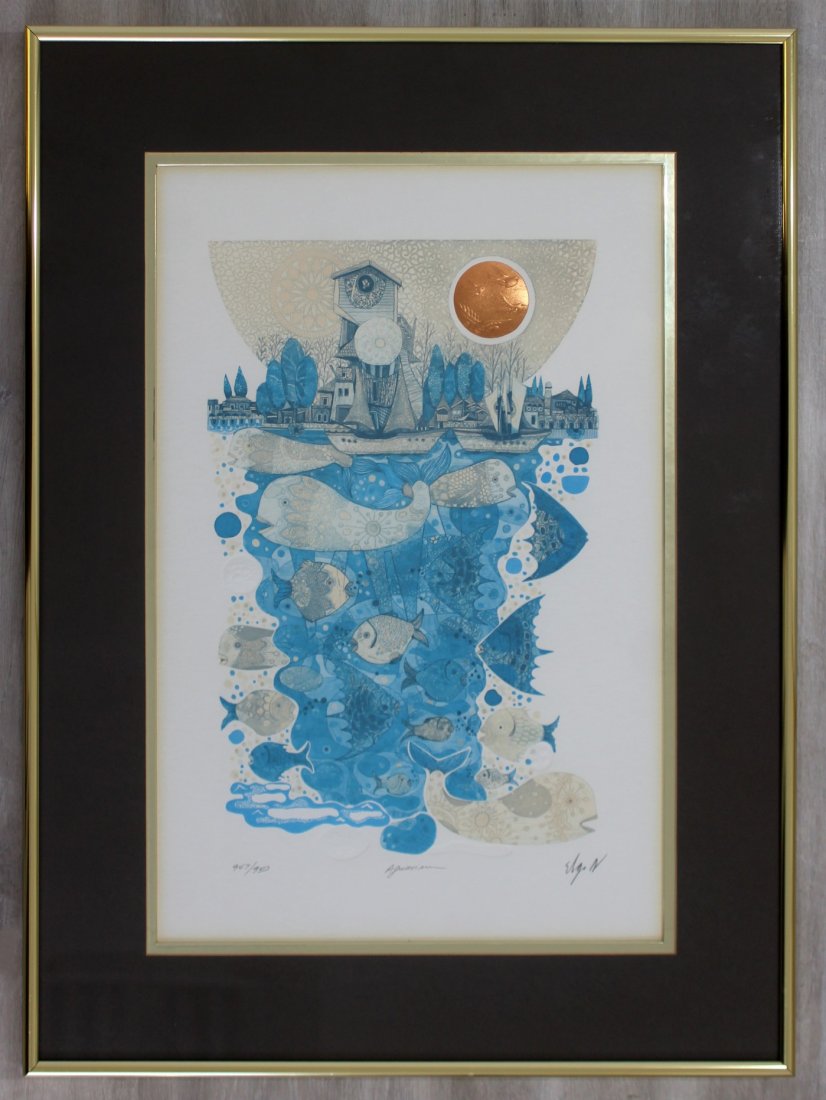 Framed Amram Ebgi 1990s Aquarium Etching 947/950: For your consideration is a framed eetching, "Aquarium," signed by Amram Ebgi, numbered 947/950, circa the 1990s. In excellent condition. The dimensions are 18" W x 24" H.