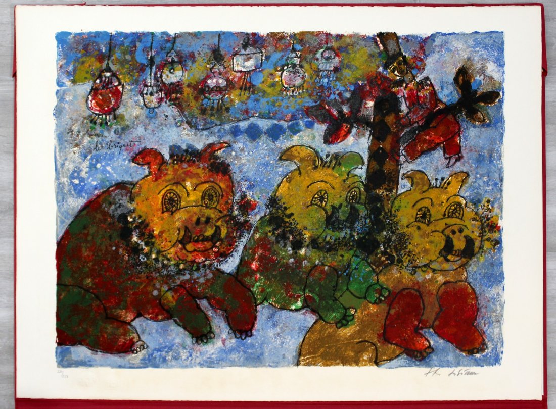 Unframed Theo Tobiasse Tinder Box Lithograph 224/350: For your consideration is a fantastic, unframed lithograph titled The Tinder Box, by print master Pierre Chave in Venue, France. The lithograph is signed in pencil and numbered 224/350 by Theo Tobiass