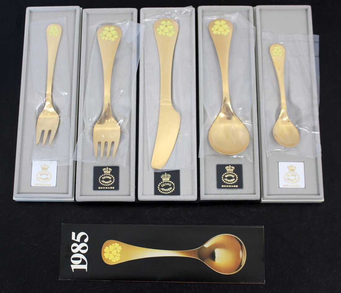 Georg Jensen 1985 Commemorative Silver Utensil Set: For your consideration is a commemorative set of sterling silver utensils by Georg Jensen, made in Denmark, circa 1985.