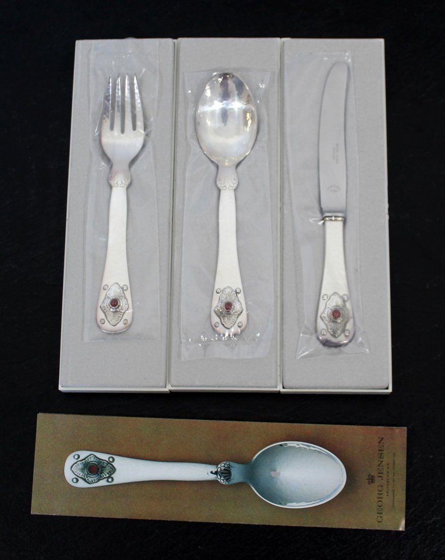 Georg Jensen 1976 Jubilee Carnelian Silver Utensil Set: For your consideration is a commemorative set of sterling silver utensils by Georg Jensen, made in Denmark, circa 1979.