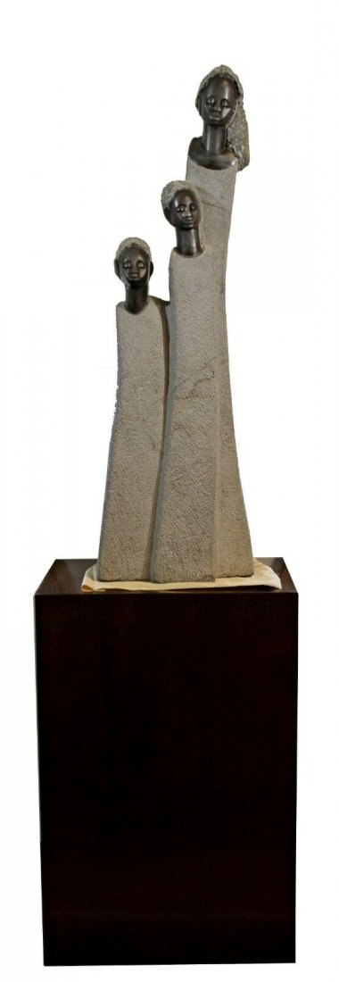 African Stone Table Sculpture Mahogany Signed Mutasa: For your consideration is a breathtaking, stone sculpture of three heads, on a wooden base pedestal, signed by Zimbabwean sculptor Joe Mutasa. In excellent condition. The dimensions of the sculpture a